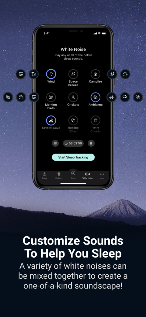 SleepWatch - Top Sleep Tracker - Die Benutzeroberfläche der SleepWatch-App zeigt anpassbare White-Noise-Sounds für besseren Schlaf.