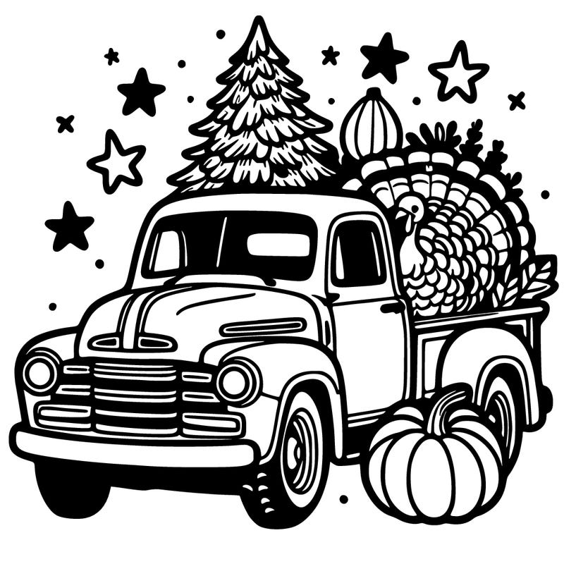 a vintage pick up truck with pumpkins, a turkey and a christmas tree