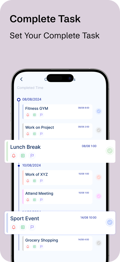 To-Do List - Schedule Planner - Mobile App-Bildschirm, der eine vertikale Zeitleiste abgeschlossener Aufgaben mit Häkchen und Zeitstempeln auf einem hellvioletten Hintergrund anzeigt