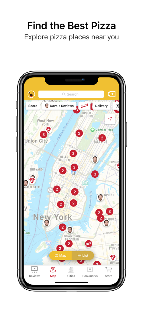 One Bite app interface showing a map of pizza restaurant locations and reviews in New York