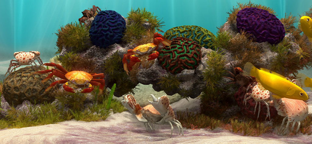 Realistic 3D underwater aquarium scene featuring crabs and colorful brain corals.