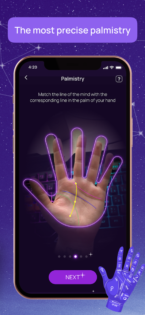 Numia: Astrology and Horoscope - Numia app interface showing the palmistry feature with neon hand outlines and palm line scanning