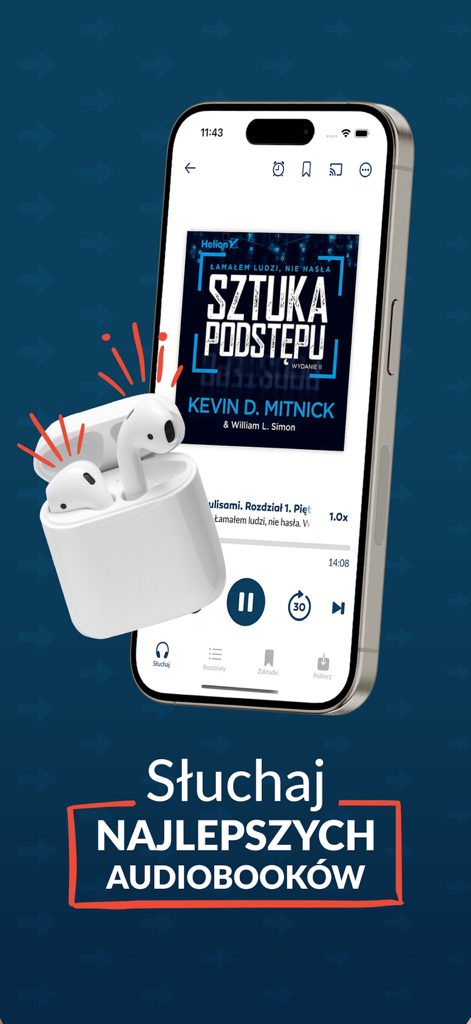 iPhone screen showing the Ebookpoint audiobook player interface with wireless earbuds