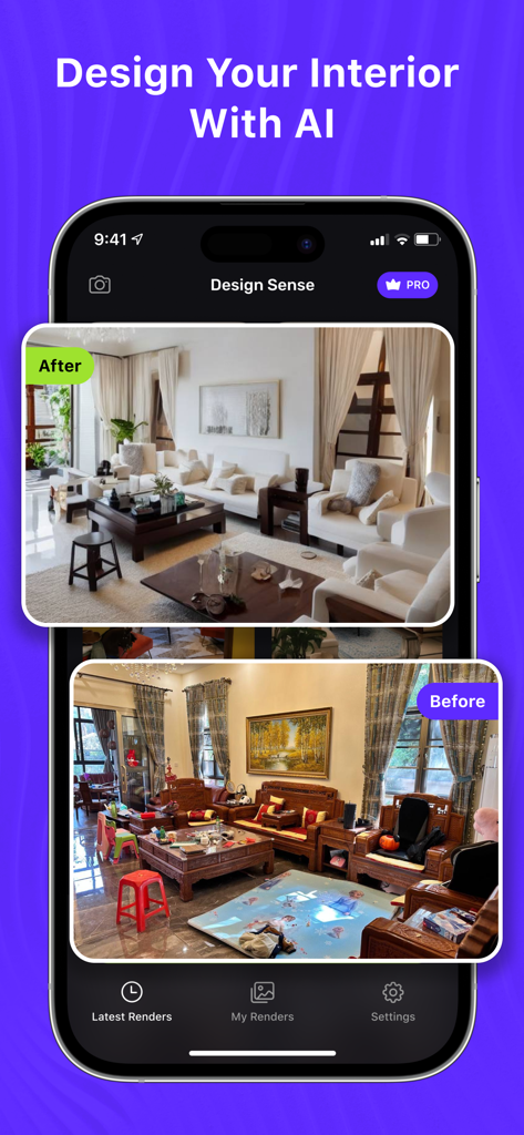 Interfaccia dell'app DesignSense AI che mostra una trasformazione di interni di una casa prima e dopo utilizzando la tecnologia AI