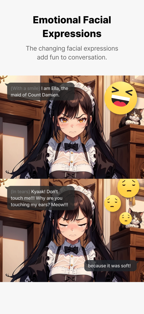Anime maid character displaying emotional facial expressions in the Almigo AI chat app