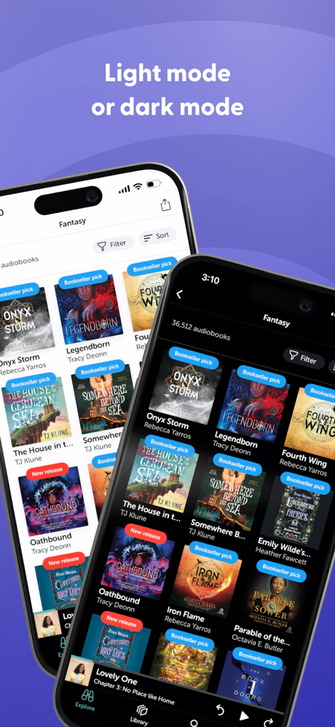 Libro.fm audiobook app interface shown in both light and dark modes featuring fantasy book titles