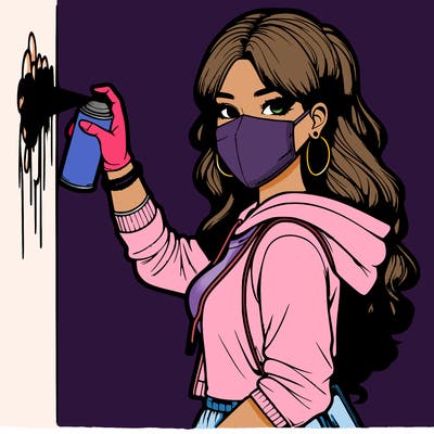 realistic girl with mask spray painting a wall