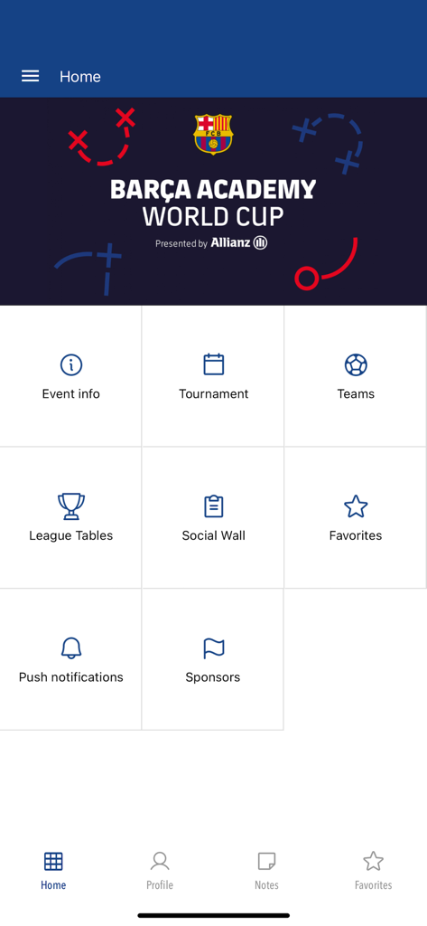 FC Barcelona Events App - Pantalla de inicio de la aplicación de eventos del FC Barcelona con una cuadrícula de menú para el evento de la Barca Academy World Cup.