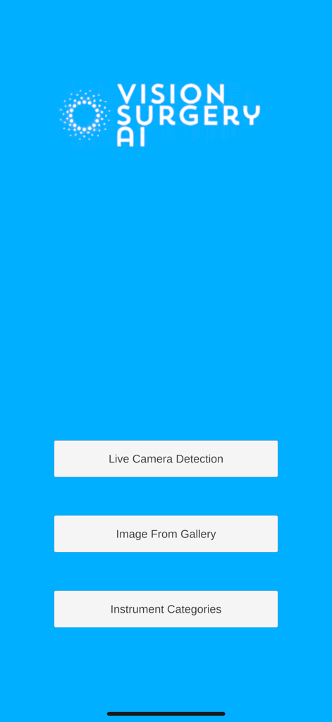Home screen of the VSAI Detection app featuring options for Live Camera Detection and Instrument Categories