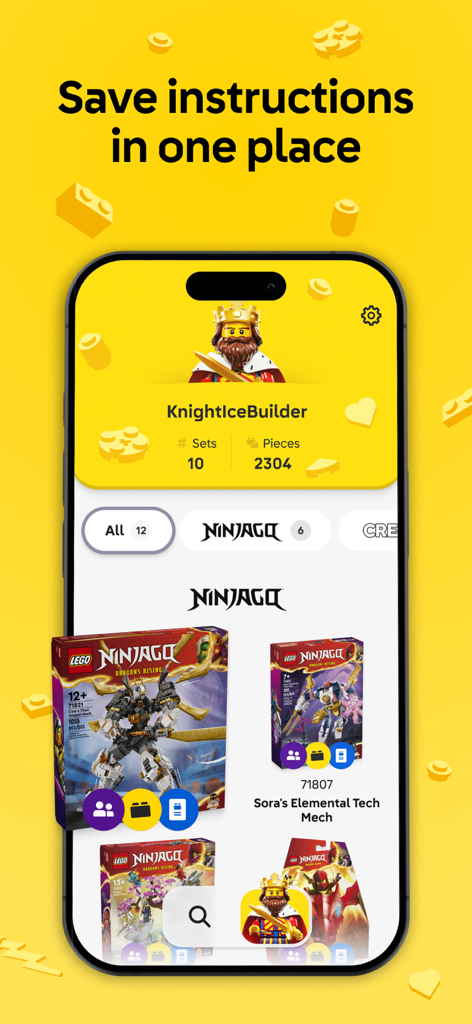 LEGO® Builder: 3D Instructions - Ein Handy-App-Bildschirm zeigt ein Benutzerprofil namens KnightIceBuilder mit einer digitalen Sammlung von LEGO Ninjago Sets und Bau-Statistiken.