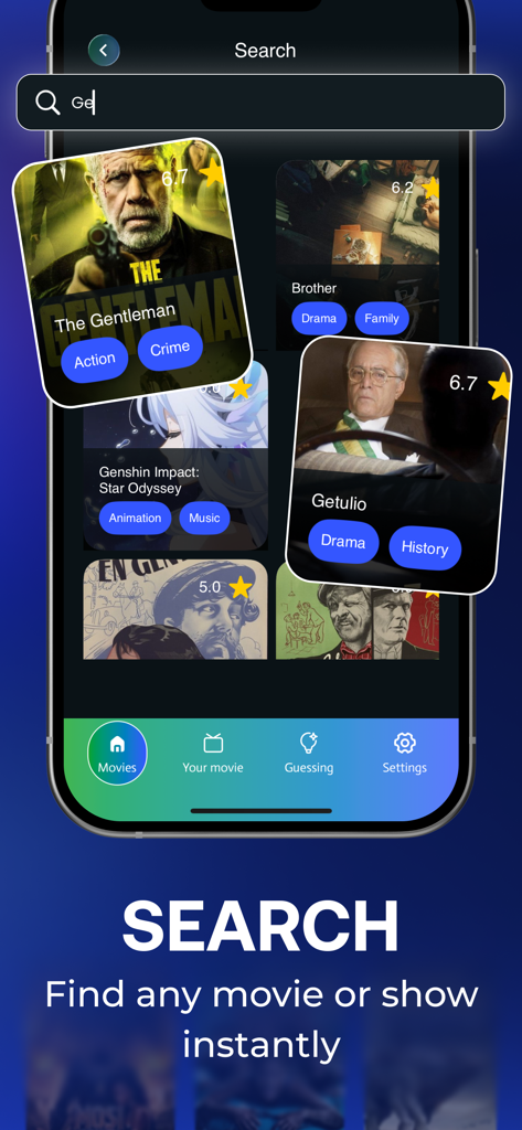 A mobile interface for the Onstream app displaying a search feature with movie cards, ratings, and genre tags like Action, Crime, and Drama.