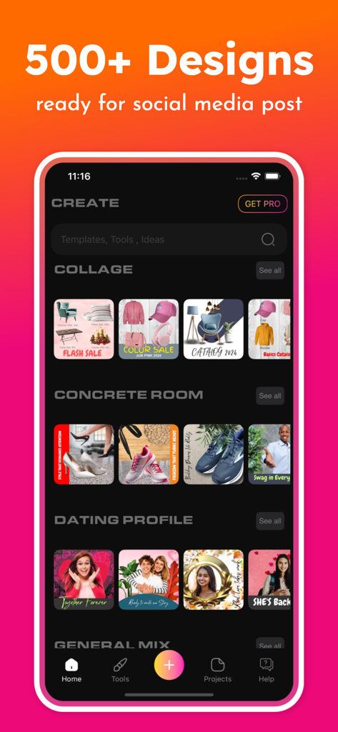 Background Editor: Blur App - A display of over 500 social media post design templates and collage options within the Background Editor app interface.