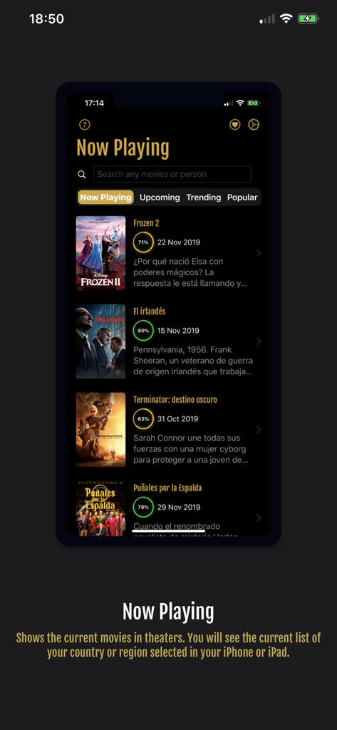 Movie Premieres - Interface de l'application Avant-premières de films affichant une liste des sorties cinéma actuelles avec les notes et les dates de sortie.