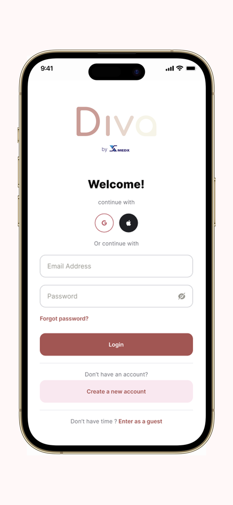 MED X For Diva Clinic - Diva by MEDXアプリのログイン画面、メールとソーシャルサインインオプションあり