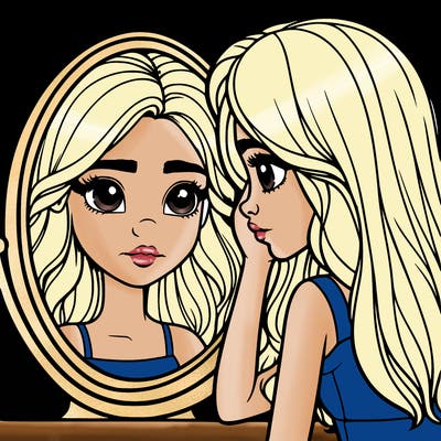 realistic girl looking in a mirror