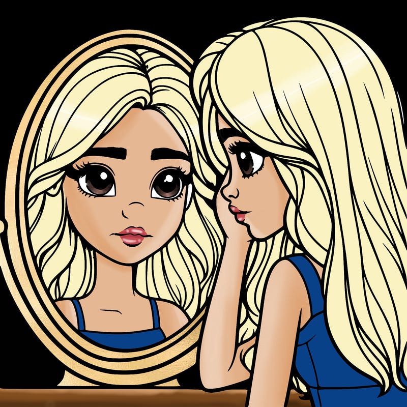 realistic girl looking in a mirror