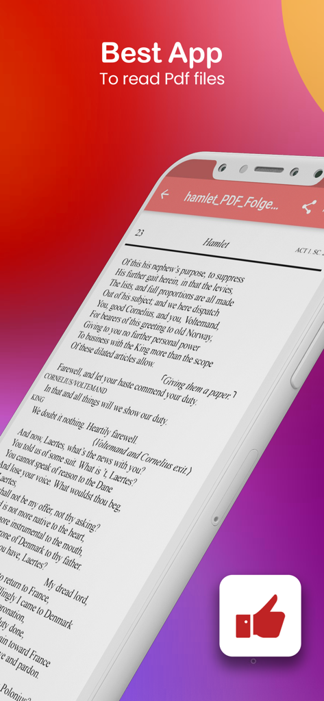 PDF Reader and PDF Viewer - Smartphone-Bildschirm zeigt den Text von Hamlet in der PDF Reader und PDF Viewer App