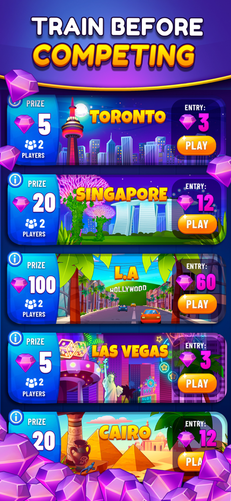 A menu of practice solitaire tournaments in different cities including Las Vegas and Singapore