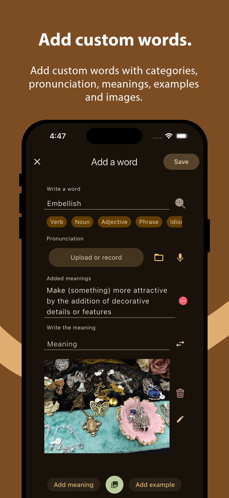 Pantalla de la app móvil mostrando cómo añadir una palabra personalizada con su definición y una imagen adjunta