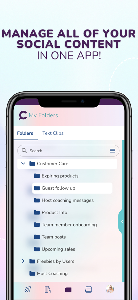 CinchShare mobile app interface displaying a organized list of social media content folders like Customer Care and Product Info.