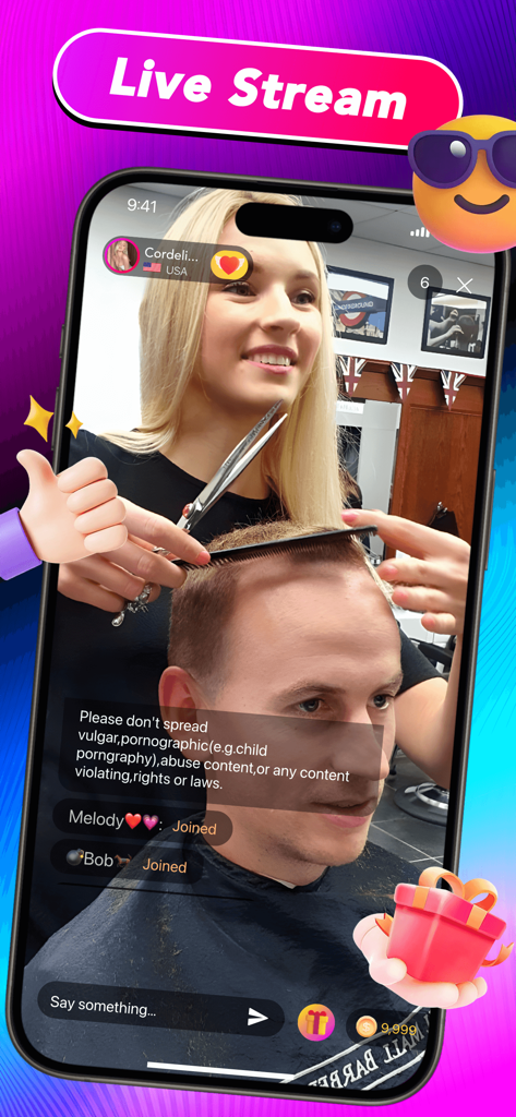 Omiva - 1v1 Chat & Go Live - A live stream on the Omiva app featuring a hairstylist giving a haircut