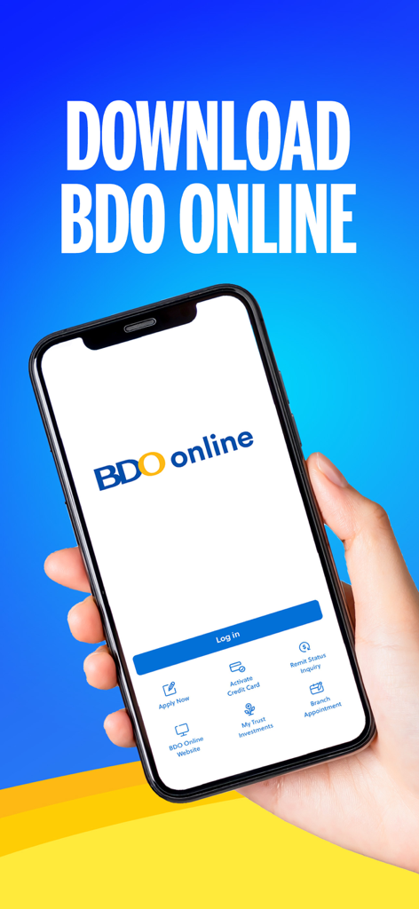 A hand holding a smartphone displaying the BDO Online mobile banking app login screen.
