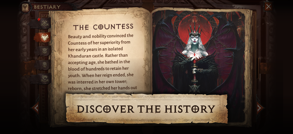 Diablo Immortal bestiary screen showing lore and art for The Countess character