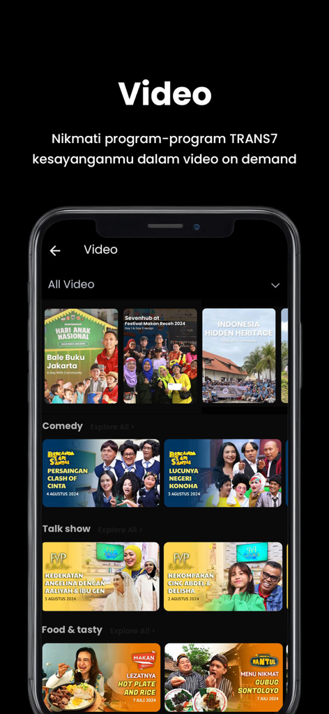 Sevenhub - Sevenhub mobile app interface showing the video on demand section with categories like comedy and talk shows