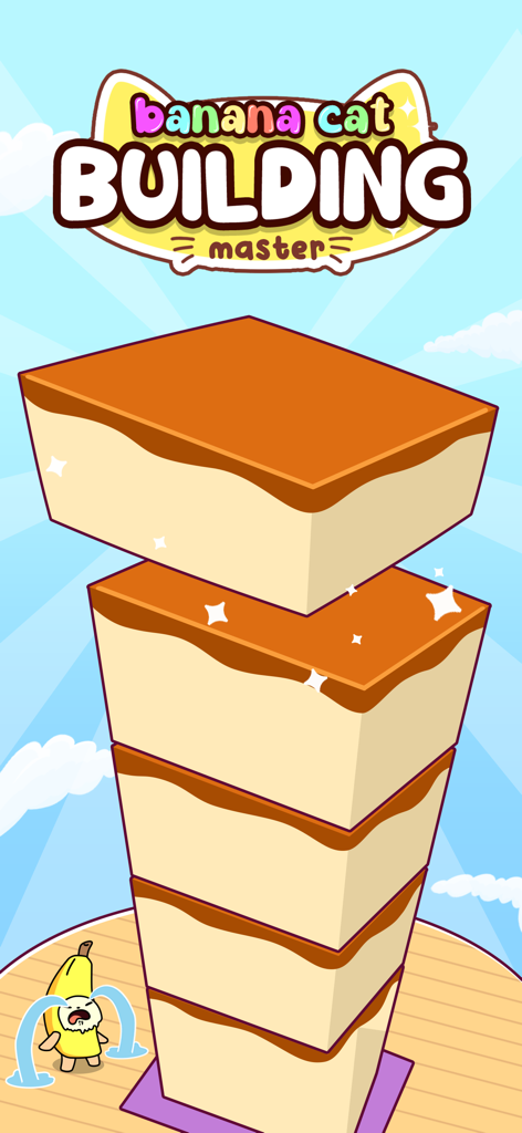 Uma pilha alta de pudins de flan com um personagem de gato banana chorando do jogo mobile Banana Cat Building Master