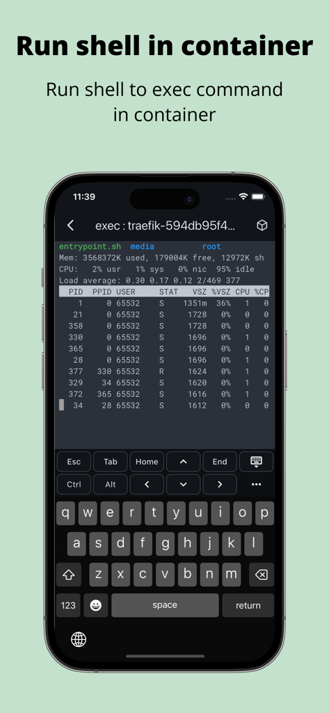 Kubeterm - Kubernetes client - Mobile interface showing a terminal shell running inside a Kubernetes container with process statistics