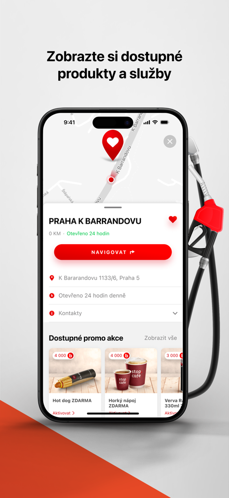 ORLEN app screen showing a petrol station location with navigation options and available loyalty rewards like coffee and snacks
