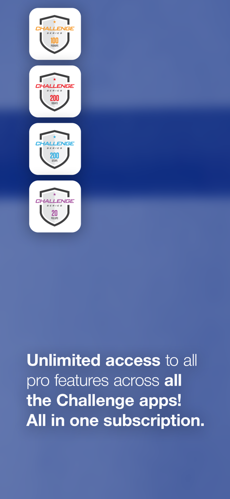 20 Pull Ups Trainer Challenge - 腕立て伏せ、スクワット、腹筋、懸垂チャレンジアプリのアイコン。無制限プロサブスクリプションパスを説明するテキスト