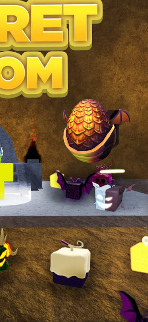 Blox Fruits for Rblx - Una sala secreta en la app Blox Fruits con un huevo de dragón y artículos de frutas estilizados.