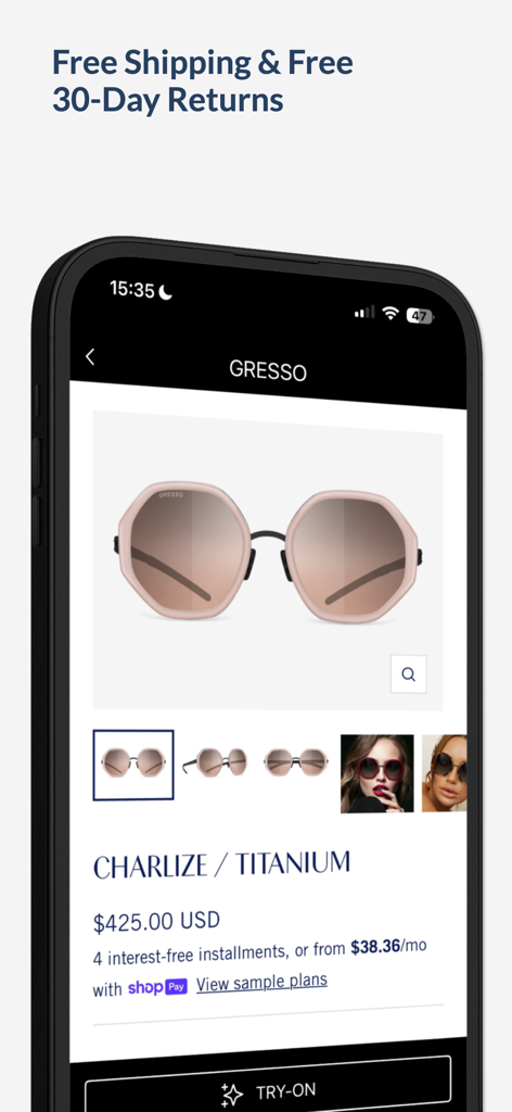 GRESSO | Titanium Eyewear - GRESSO mobile app product page for titanium sunglasses with virtual try-on and free shipping