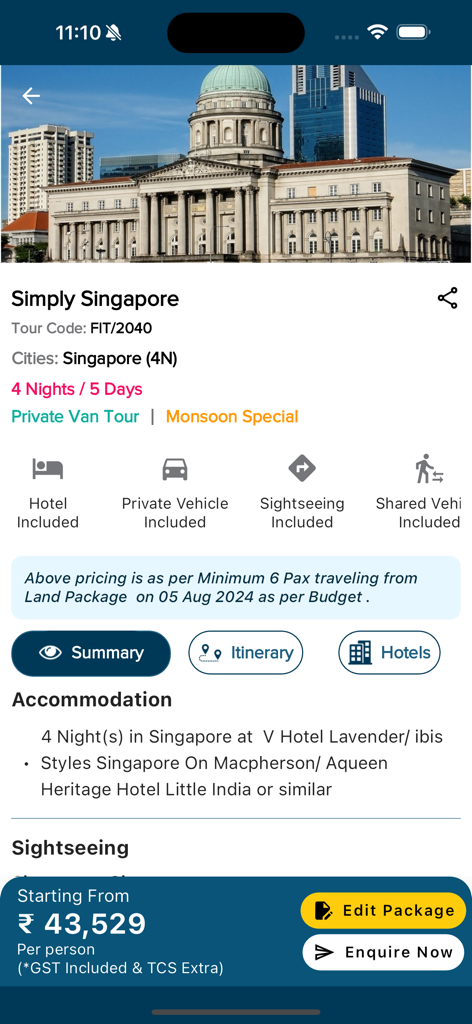 Flamingo Travels - Simply Singapore tour package overview in the Flamingo Travels app showing pricing and itinerary details