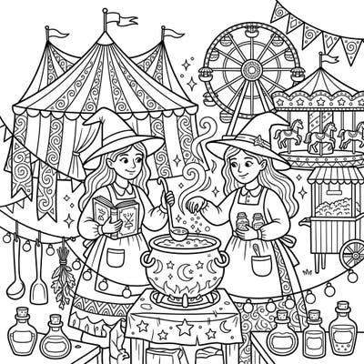 Step into a whimsical world where magic meets merriment with this unique kitchen witches carnival coloring page. Discover two charming witches concocting potions and spells amidst the festive bustle of a fairground.
