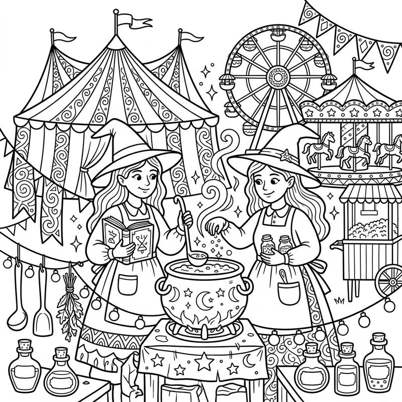 Step into a whimsical world where magic meets merriment with this unique kitchen witches carnival coloring page. Discover two charming witches concocting potions and spells amidst the festive bustle of a fairground.