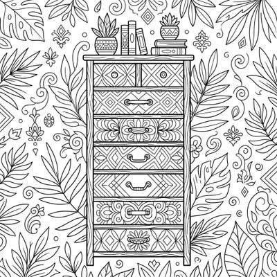 Discover a beautifully detailed chest of drawers coloring page, featuring intricate patterns and charming decorative elements. Perfect for adults and teens seeking a relaxing and rewarding artistic challenge.