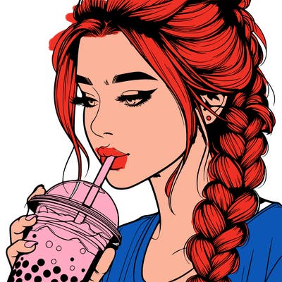 realistic girl drinking boba tea with braided hair