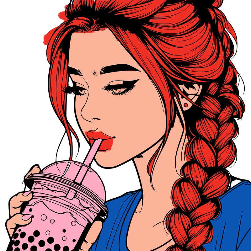 realistic girl drinking boba tea with braided hair