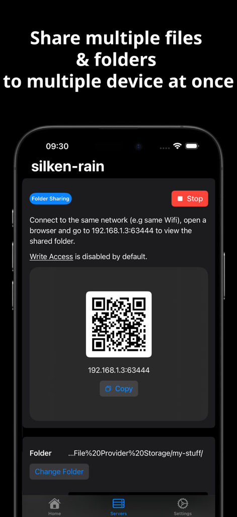 PocketServer: Folder Sharing - PocketServer app interface displaying a QR code and IP address to share files and folders over a local Wi-Fi network.