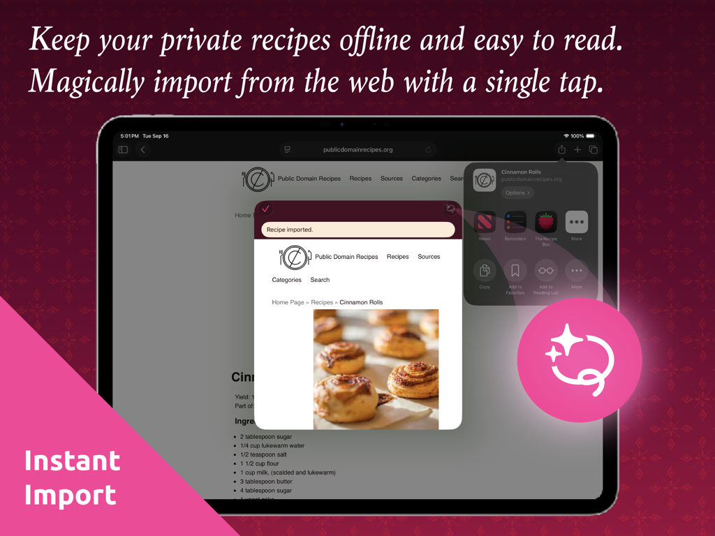 The Recipe Box app interface on an iPad showing the one-tap instant import feature for a cinnamon roll recipe