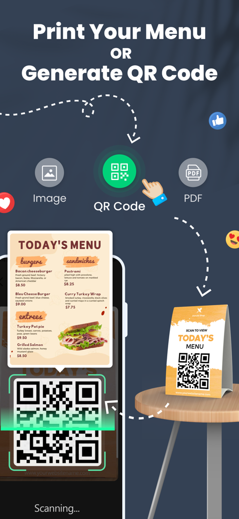 A smartphone scanning a digital QR code menu on a restaurant table stand
