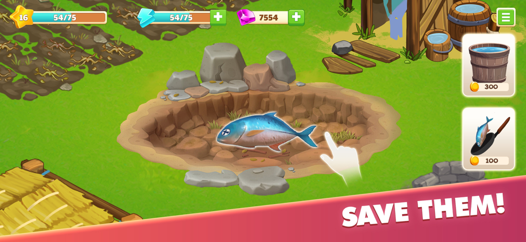 Family Journey: Island Life - Family Journey Island Life game screen showing a choice to save a fish with water