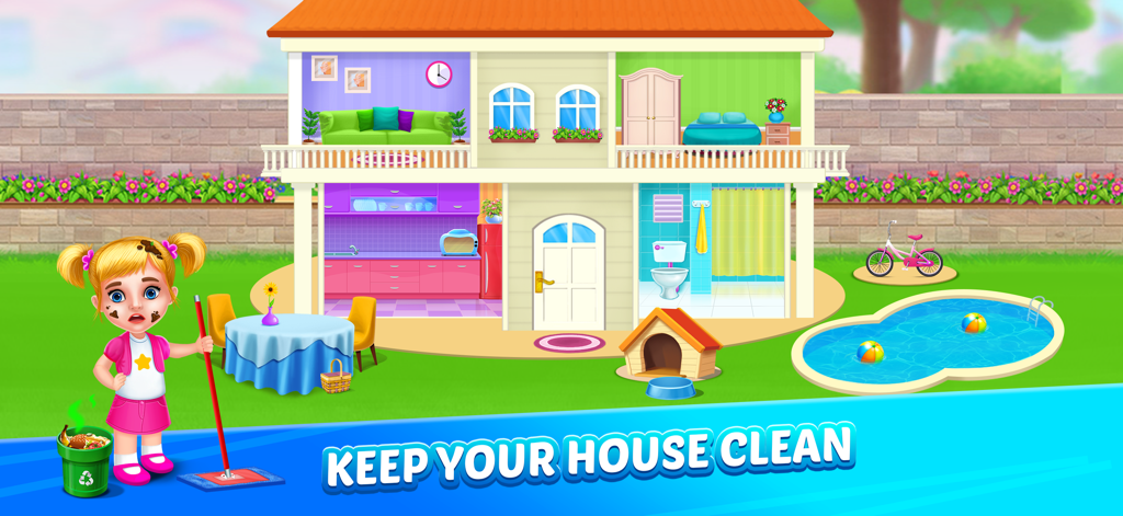 A cartoon girl holding a mop in front of a colorful two-story dollhouse with a swimming pool and pet house.