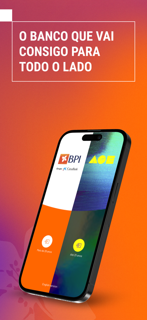 BPI App - BPI mobile banking app welcome screen on a smartphone showing login options for different age segments