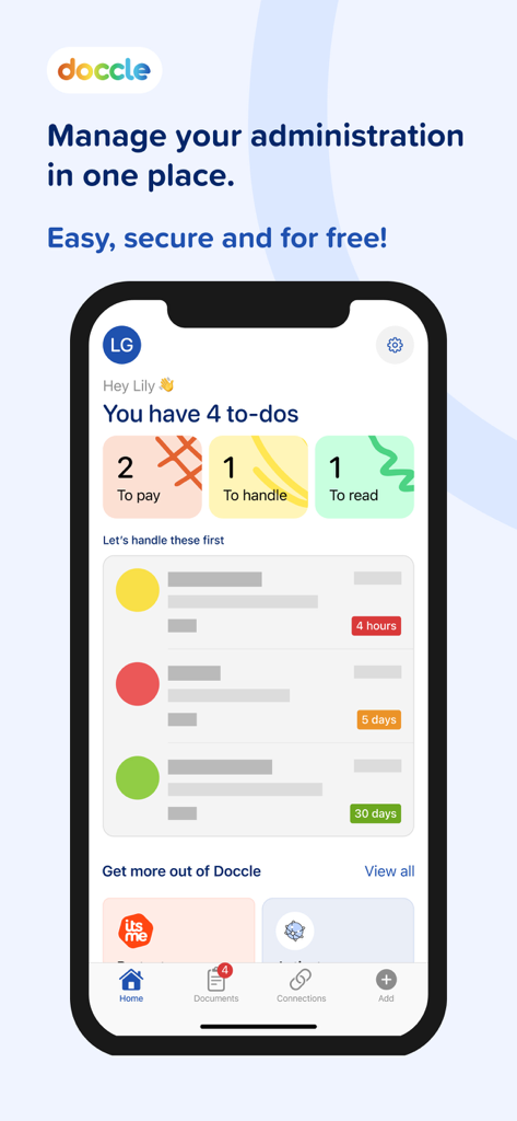 Doccle mobile app dashboard displaying a summary of administrative tasks like bills to pay and documents to read