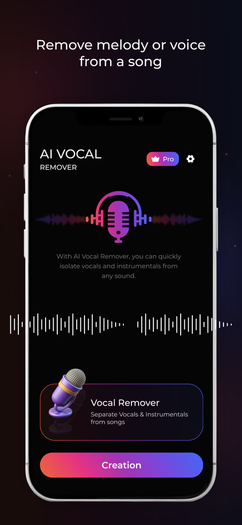 Smartphone-Bildschirm zeigt die AI Vocal Remover App-Oberfläche zur Trennung von Gesang und Instrumentals aus einem Song.