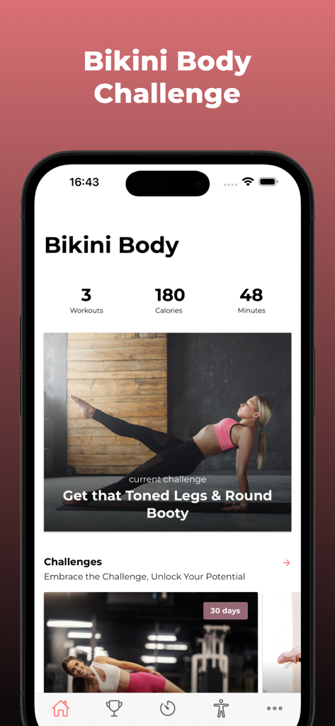 Bikini Body Challenge - Bikini Body Challenge app interface showing workout statistics and a toned legs exercise program