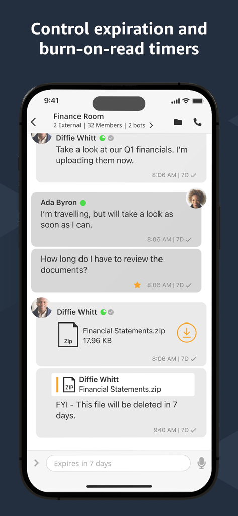 Interface of AWS Wickr showing secure messaging with configurable message expiration timers.